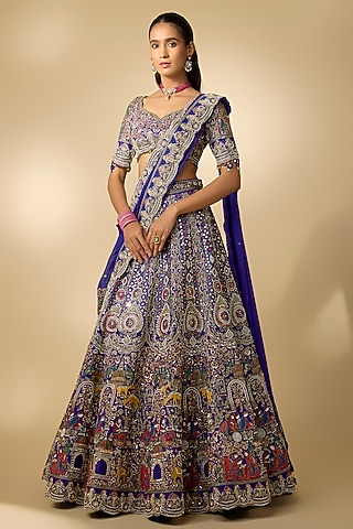 Royal Blue Silk Cutdana Embroidered Lehenga Set by Annu Patel
