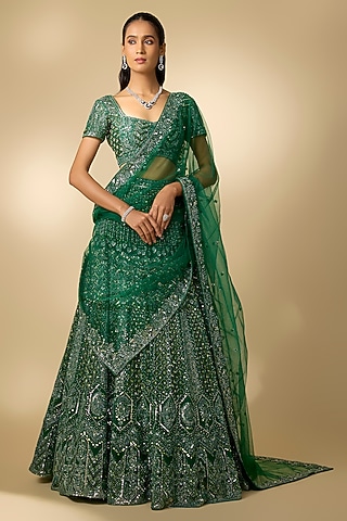 Emerald Green Net Sequins Embroidered Lehenga Set by Annu Patel