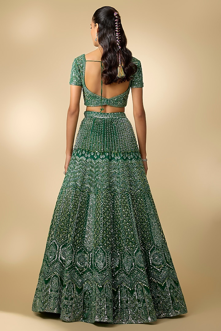 Emerald Green Net Sequins Embroidered Bridal Lehenga Set by Annu Patel at Pernia's Pop Up Shop