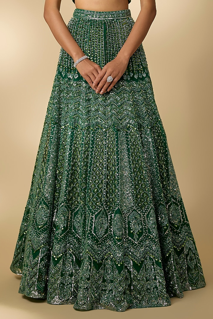 Emerald Green Net Sequins Embroidered Bridal Lehenga Set by Annu Patel at Pernia's Pop Up Shop
