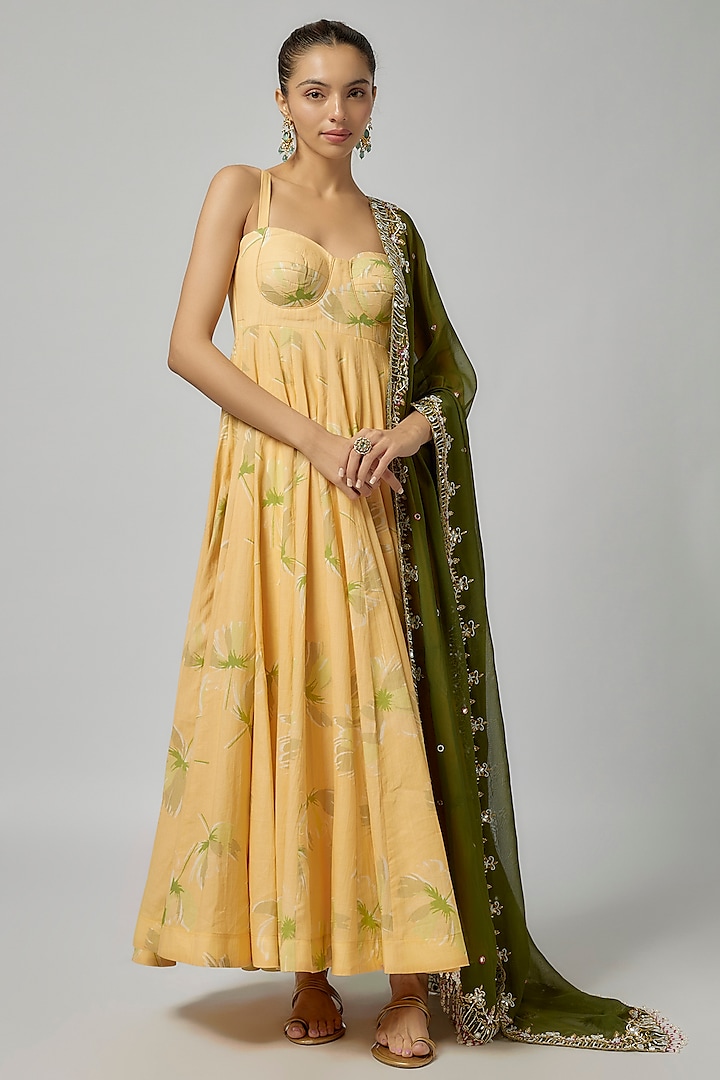 Yellow Mul Cotton & Soft Organza Embroidered Anarkali Set by ANNU'S CREATION