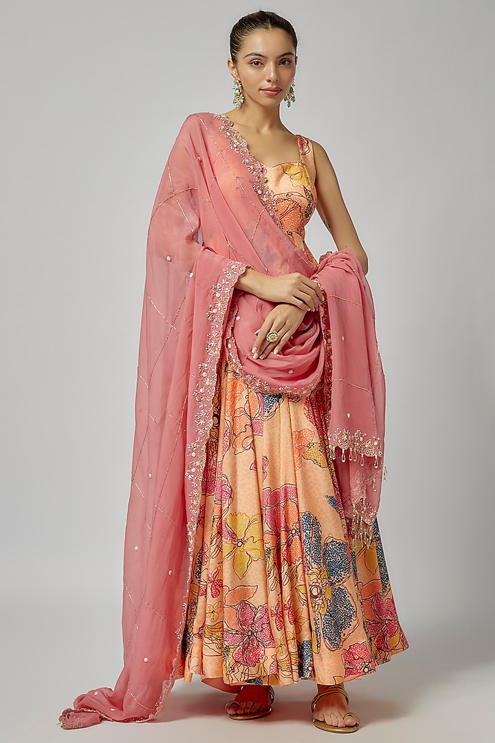 Multi-Colored Mul Cotton & Soft Organza Printed Anarkali Set by ANNU'S CREATION