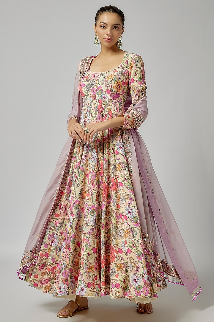 Multi-Colored Mul Cotton & Soft Organza Embroidered Anarkali Set by ANNU'S CREATION