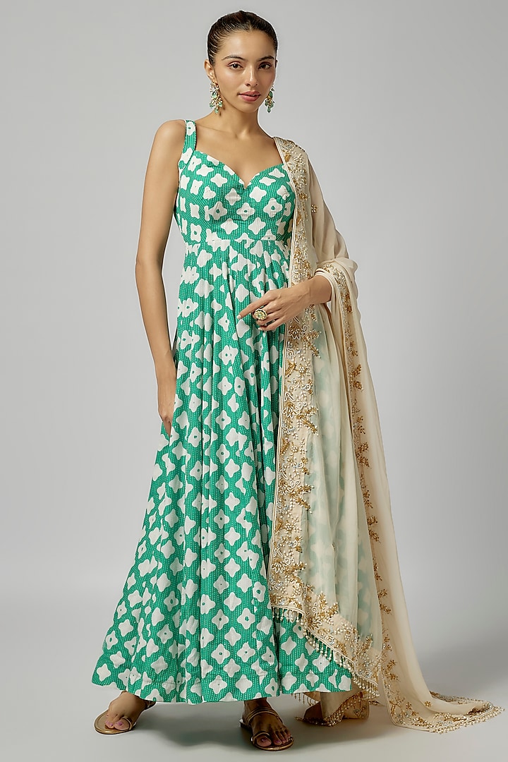 Green Mul Cotton & Soft Organza Printed Anarkali Set by ANNU'S CREATION