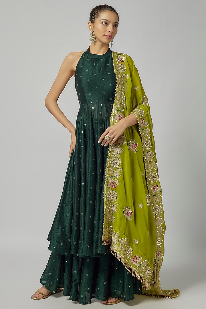 Green Soft Silk & Soft Organza Embroidered Anarkali Set by ANNU'S CREATION