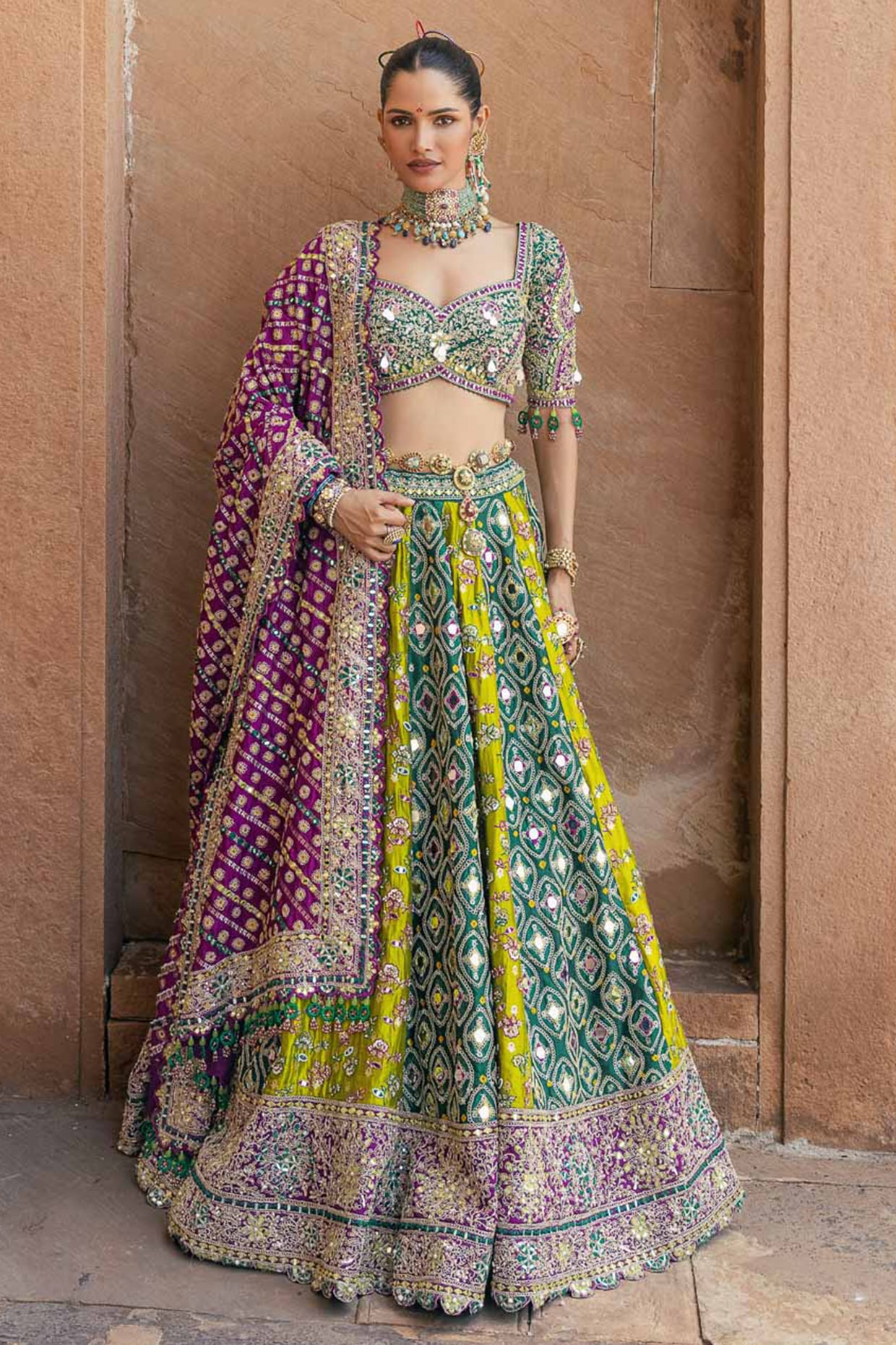 Annu Patel Green Banarasi Bandhani Silk Resham Work Lehenga Set