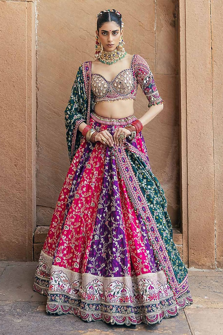 Multi-Colored Banarasi Bandhani Silk Resham Work Bridal Lehenga Set by Annu Patel at Pernia's Pop Up Shop