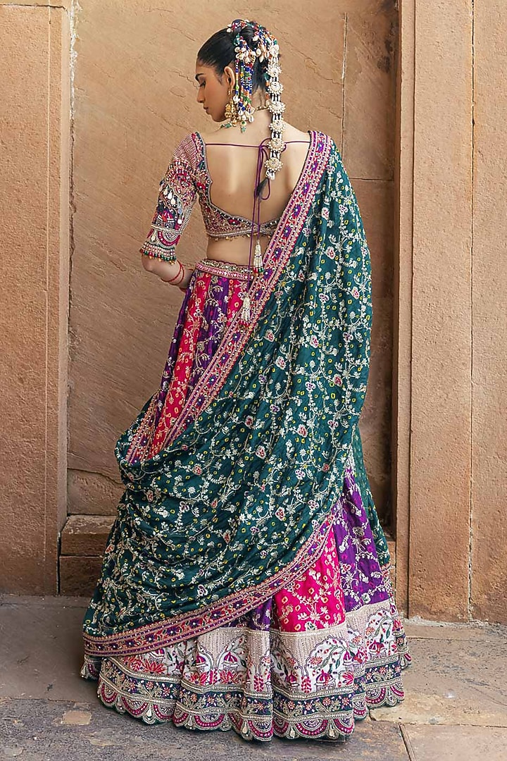 Multi-Colored Banarasi Bandhani Silk Resham Work Bridal Lehenga Set by Annu Patel at Pernia's Pop Up Shop