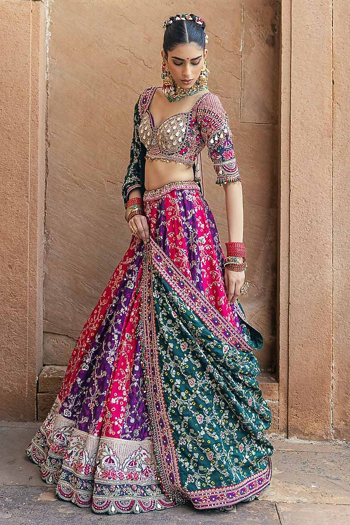 Multi-Colored Banarasi Bandhani Silk Resham Work Bridal Lehenga Set by Annu Patel at Pernia's Pop Up Shop