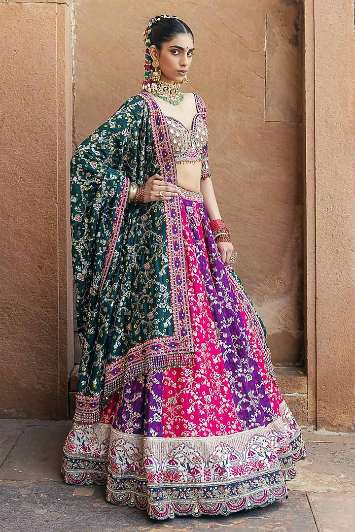 Multi-Colored Banarasi Bandhani Silk Resham Work Bridal Lehenga Set by Annu Patel at Pernia's Pop Up Shop