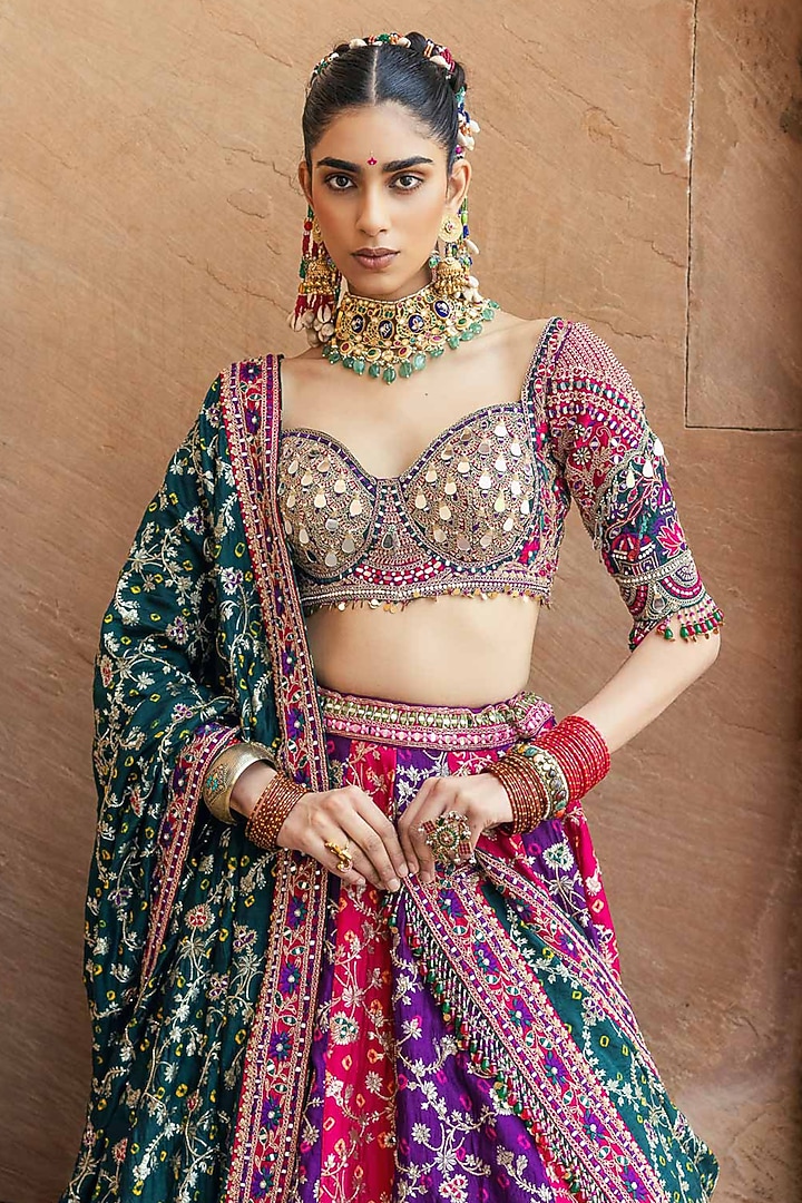 Multi-Colored Banarasi Bandhani Silk Resham Work Bridal Lehenga Set by Annu Patel at Pernia's Pop Up Shop