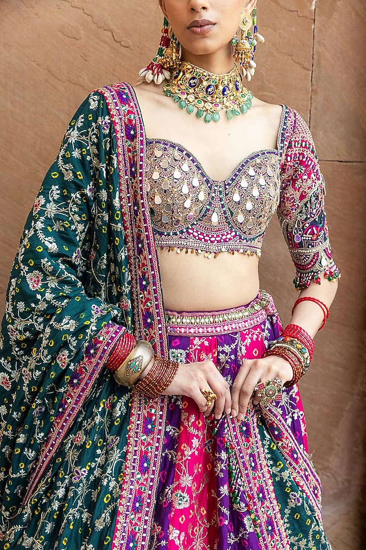 Multi-Colored Banarasi Bandhani Silk Resham Work Bridal Lehenga Set by Annu Patel at Pernia's Pop Up Shop