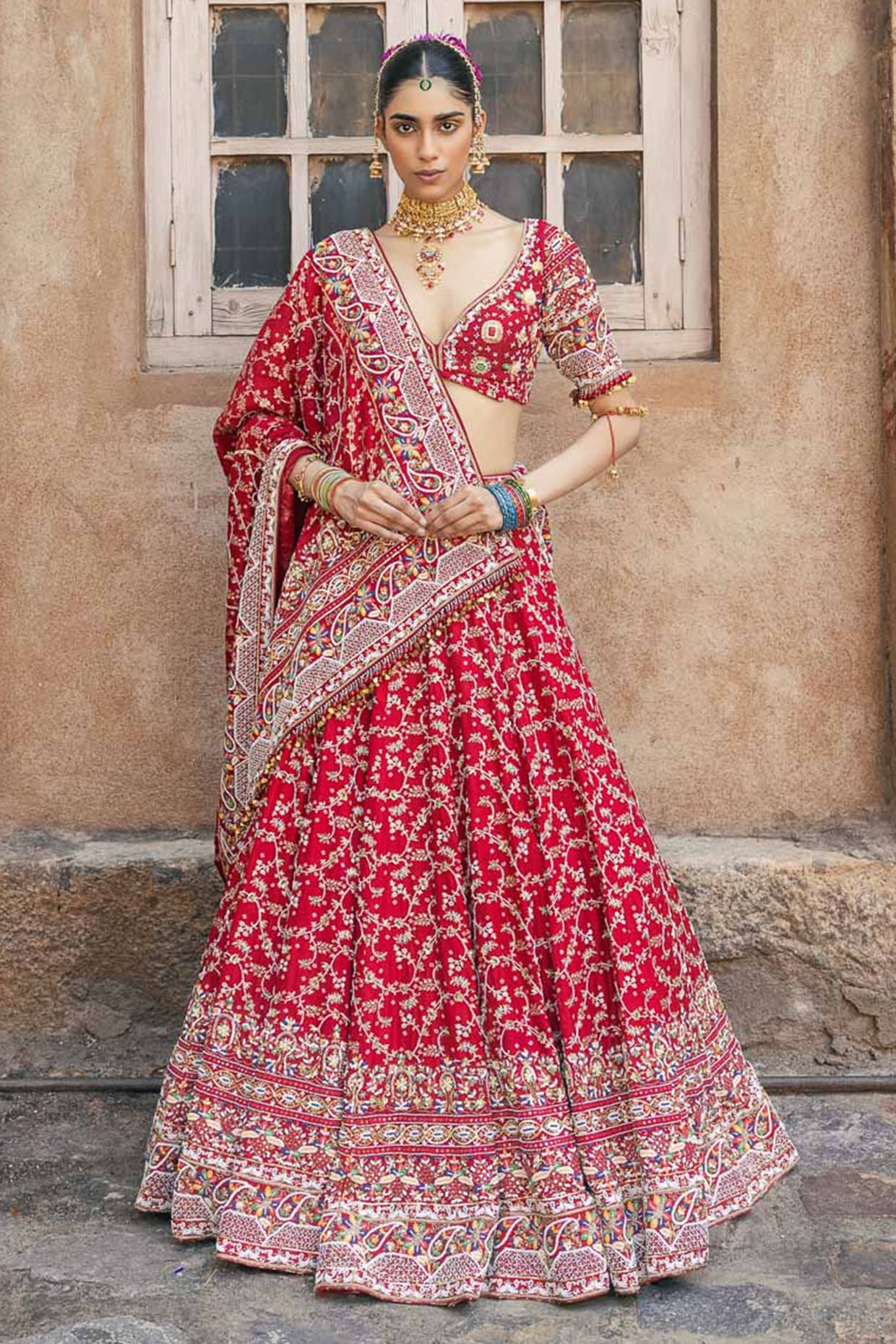 Annu Patel Red Banarasi Silk Zardosi Work Lehenga Set