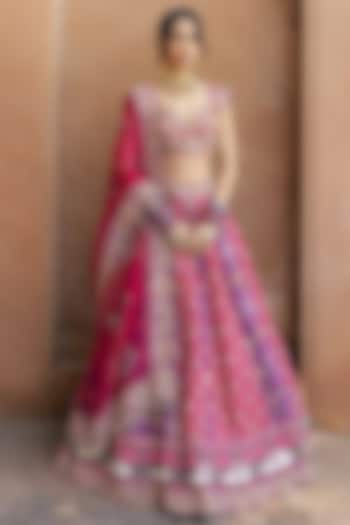 Rani Pink & Purple Banarasi Silk Bandhani Printed Bridal Lehenga Set by Annu Patel at Pernia's Pop Up Shop