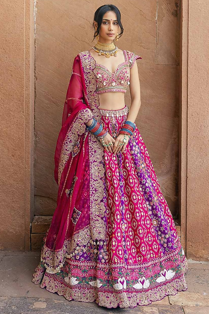 Rani Pink & Purple Banarasi Silk Bandhani Printed Bridal Lehenga Set by Annu Patel at Pernia's Pop Up Shop