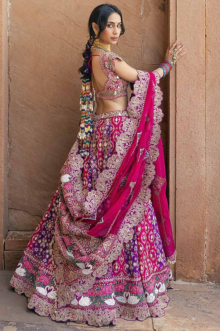 Rani Pink & Purple Banarasi Silk Bandhani Printed Bridal Lehenga Set by Annu Patel at Pernia's Pop Up Shop