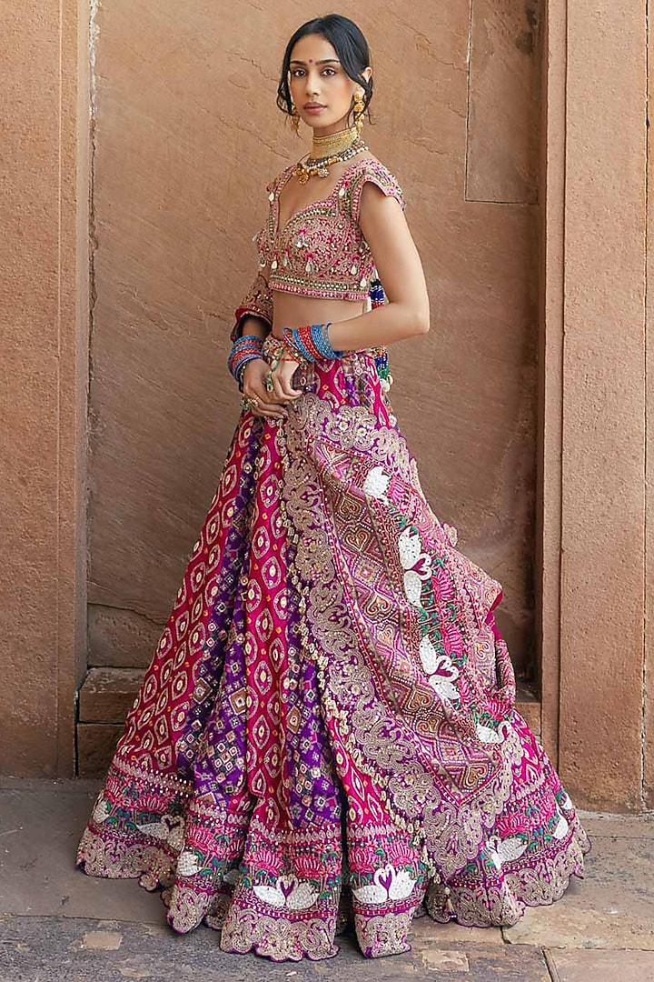 Rani Pink & Purple Banarasi Silk Bandhani Printed Bridal Lehenga Set by Annu Patel at Pernia's Pop Up Shop