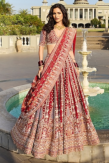 Maroon Red Dola Silk & Banarasi Tissue Zardosi Embroidered Bridal Lehenga Set by Annu Patel at Pernia's Pop Up Shop