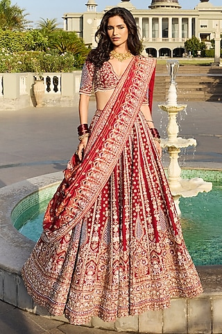 Maroon Red Dola Silk & Banarasi Tissue Zardosi Embroidered Lehenga Set by Annu Patel