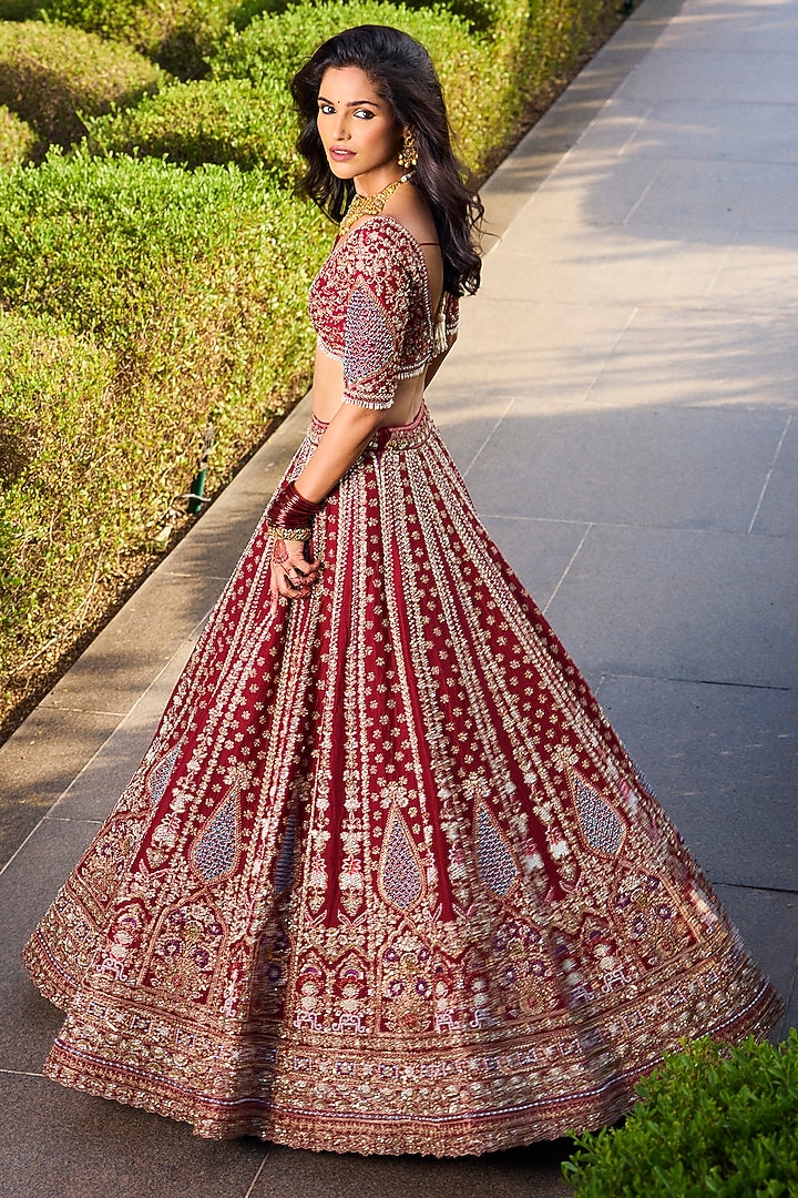 Maroon Red Dola Silk & Banarasi Tissue Zardosi Embroidered Bridal Lehenga Set by Annu Patel at Pernia's Pop Up Shop
