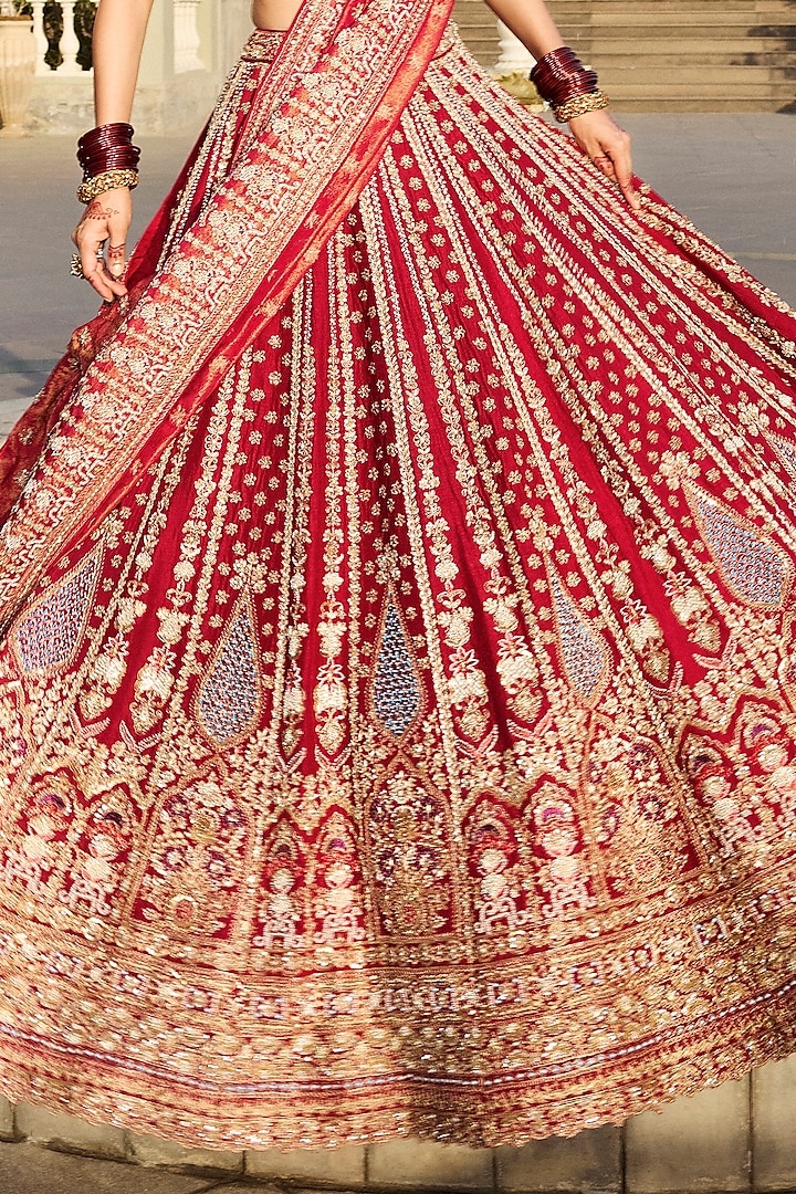 Maroon Red Dola Silk & Banarasi Tissue Zardosi Embroidered Bridal Lehenga Set by Annu Patel at Pernia's Pop Up Shop