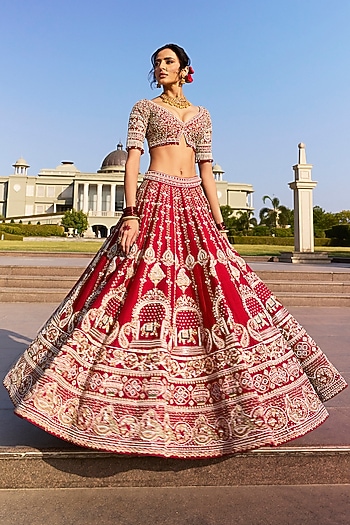 Crimson Red Dola Silk & Georgette Bandhani Cutdana Embroidered Bridal Lehenga Set by Annu Patel at Pernia's Pop Up Shop