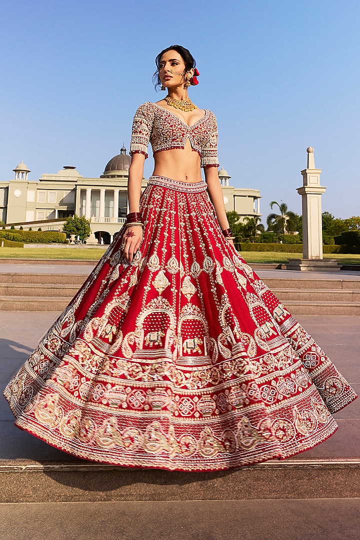 Crimson Red Dola Silk & Georgette Bandhani Cutdana Embroidered Bridal Lehenga Set by ANNU'S CREATION at Pernia's Pop Up Shop