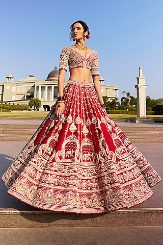 Crimson Red Dola Silk & Georgette Bandhani Cutdana Embroidered Lehenga Set by Annu Patel