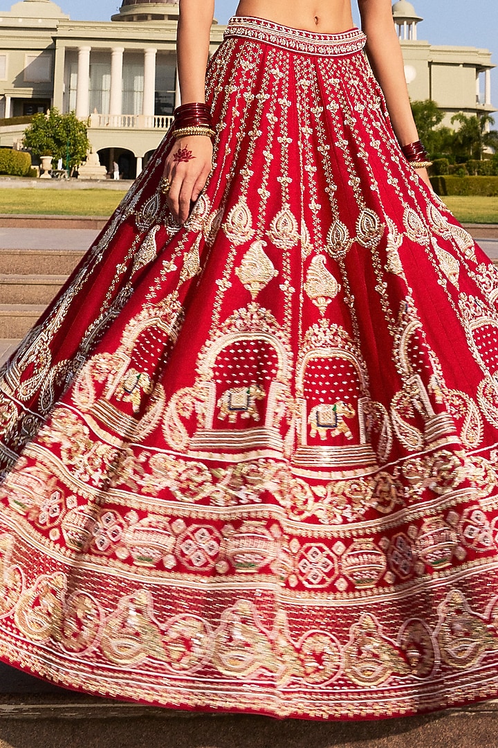 Crimson Red Dola Silk & Georgette Bandhani Cutdana Embroidered Bridal Lehenga Set by Annu Patel at Pernia's Pop Up Shop
