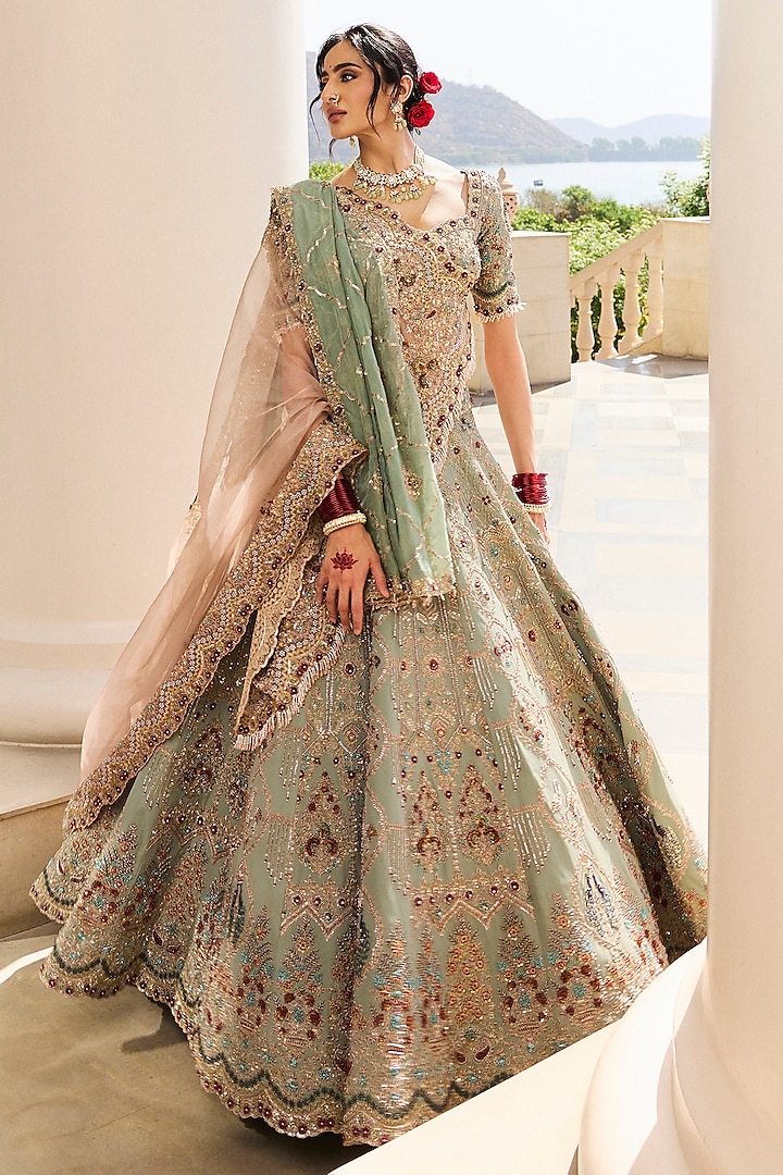 Sage Green Tissue & Georgette Chiffon Pearl Embroidered Bridal Lehenga Set by ANNU'S CREATION at Pernia's Pop Up Shop