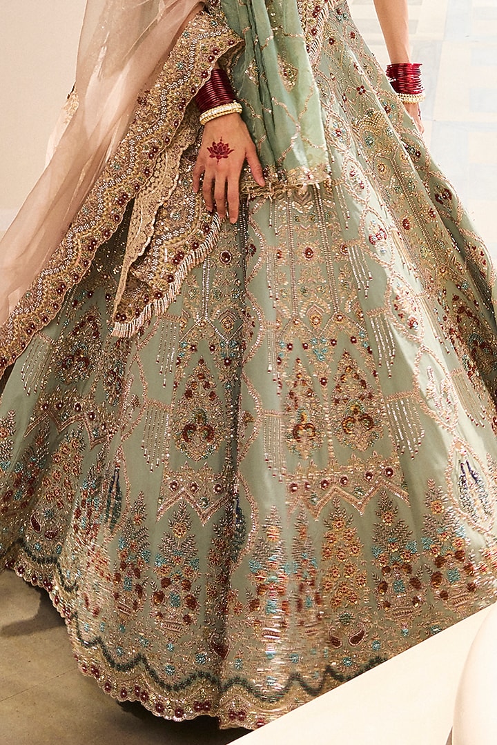 Sage Green Tissue & Georgette Chiffon Pearl Embroidered Bridal Lehenga Set by Annu Patel at Pernia's Pop Up Shop