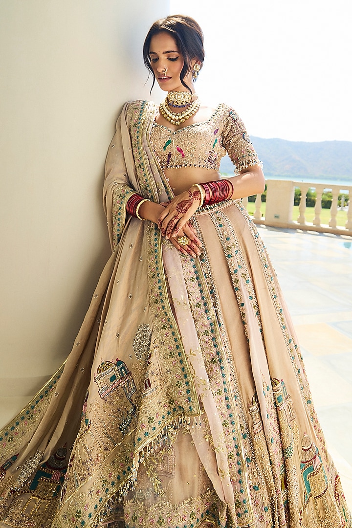 Onion Pink & Golden Tissue Pearl Embroidered Bridal Lehenga Set by Annu Patel at Pernia's Pop Up Shop