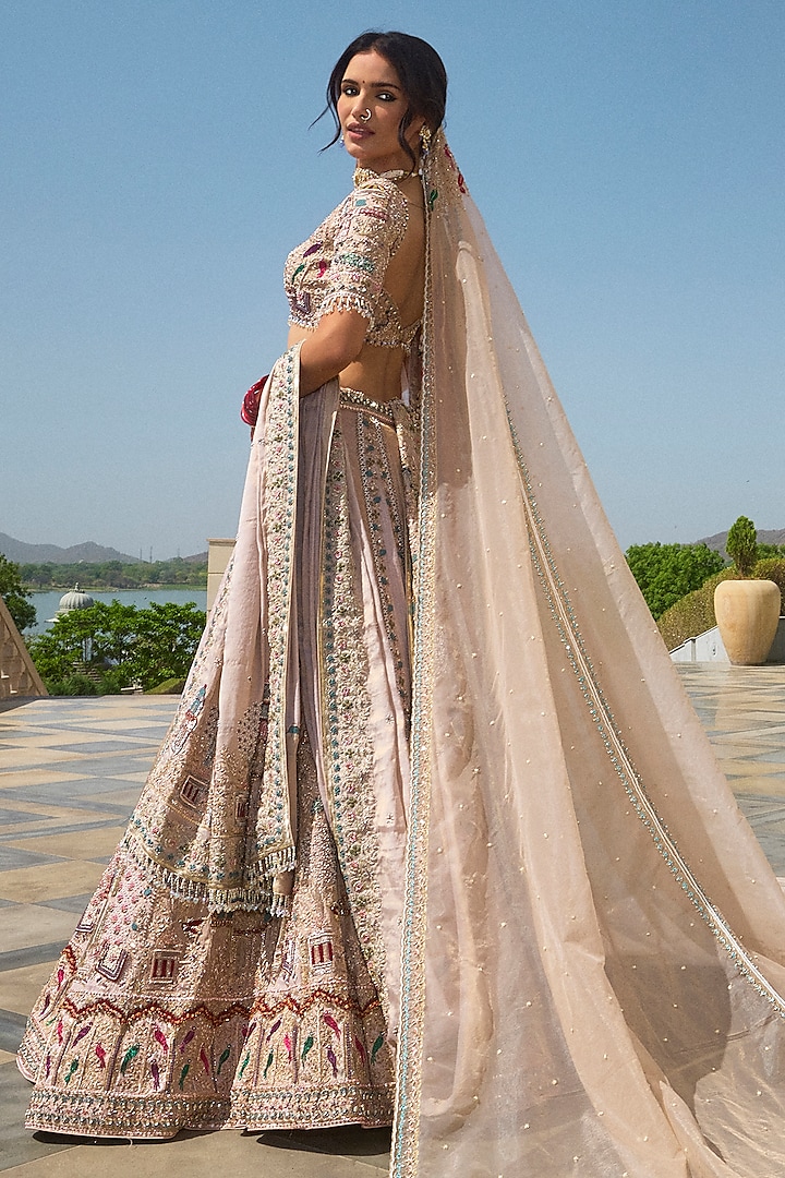 Onion Pink & Golden Tissue Pearl Embroidered Bridal Lehenga Set by Annu Patel at Pernia's Pop Up Shop