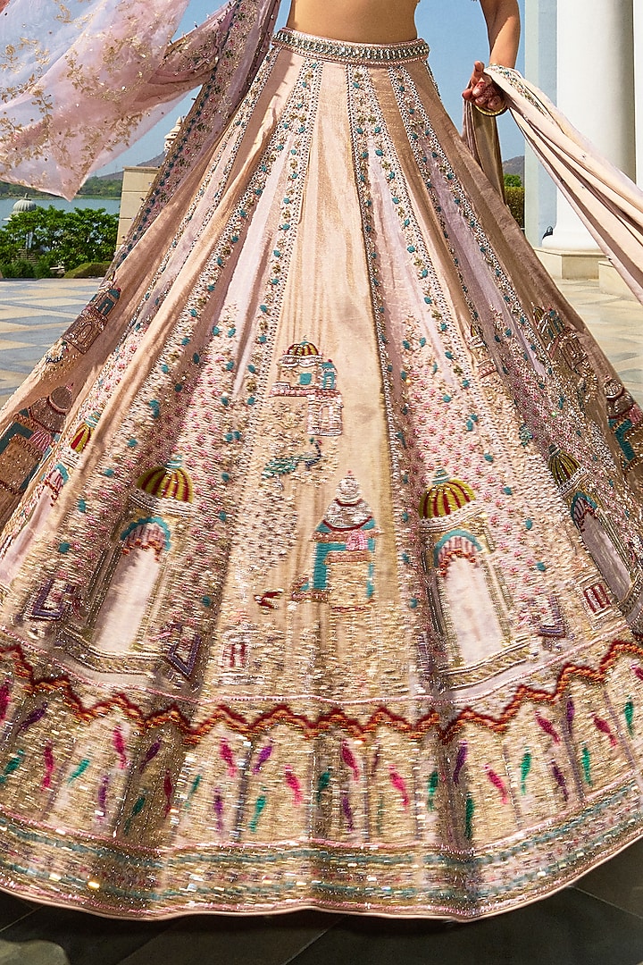 Onion Pink & Golden Tissue Pearl Embroidered Bridal Lehenga Set by Annu Patel at Pernia's Pop Up Shop
