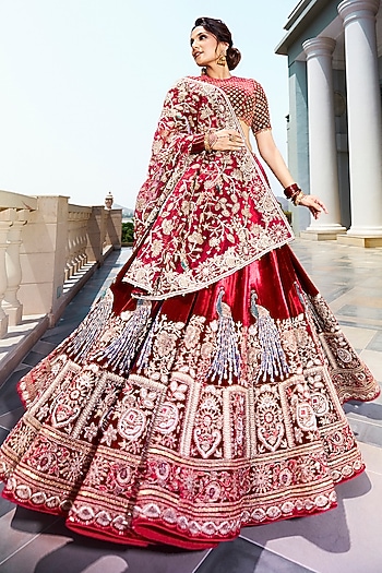 Maroon Red Italian Velvet Cutdana & Pearl Embroidered Bridal Lehenga Set by Annu Patel at Pernia's Pop Up Shop