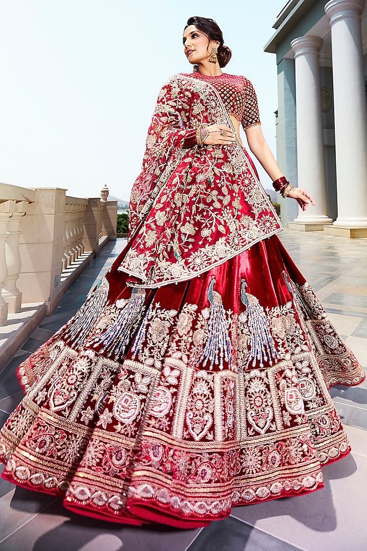 Maroon Red Italian Velvet Cutdana & Pearl Embroidered Bridal Lehenga Set by ANNU'S CREATION at Pernia's Pop Up Shop