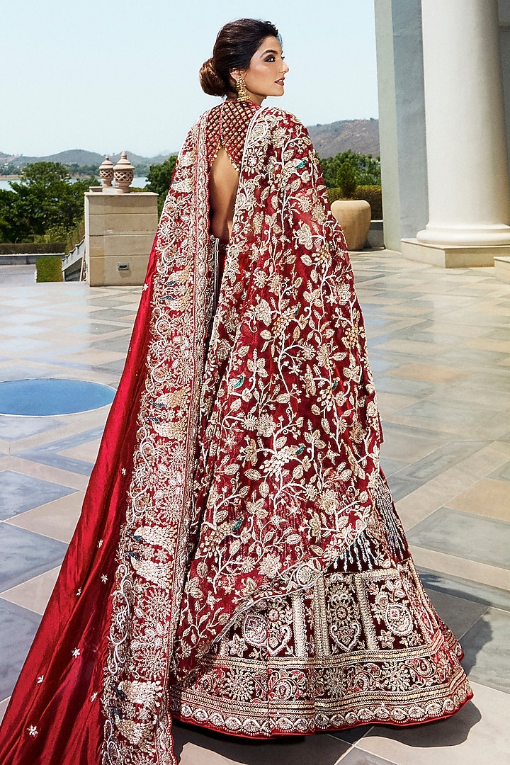 Maroon Red Italian Velvet Cutdana & Pearl Embroidered Bridal Lehenga Set by Annu Patel at Pernia's Pop Up Shop