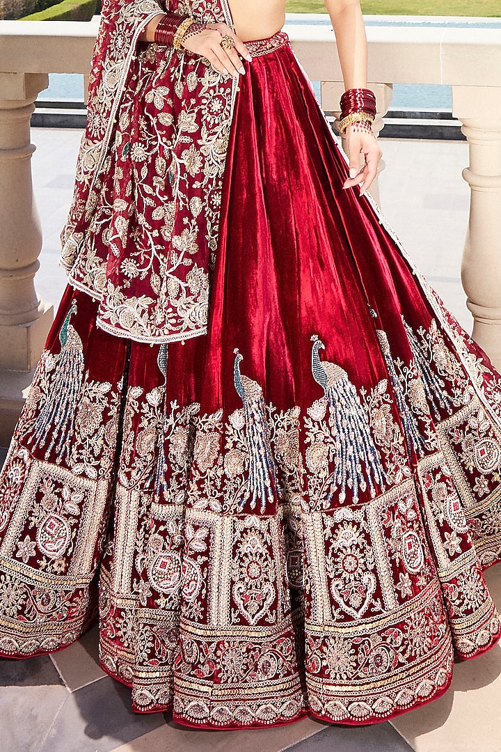 Maroon Red Italian Velvet Cutdana & Pearl Embroidered Bridal Lehenga Set by Annu Patel at Pernia's Pop Up Shop