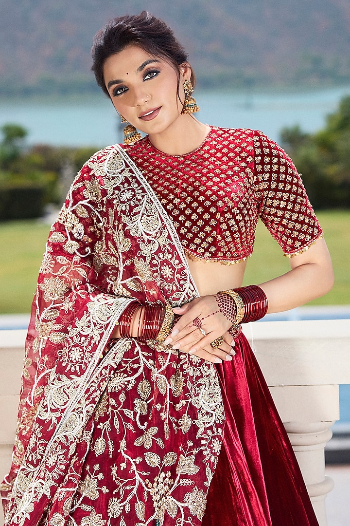 Maroon Red Italian Velvet Cutdana & Pearl Embroidered Bridal Lehenga Set by Annu Patel at Pernia's Pop Up Shop