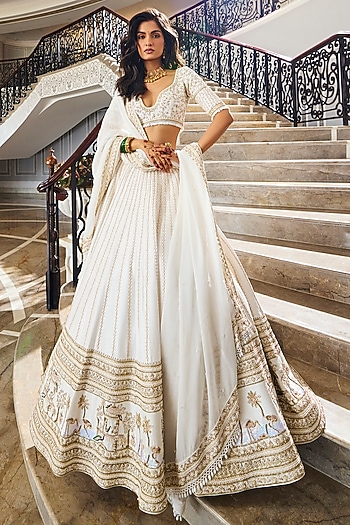 Ivory Dola Silk & Organza Cutdana Embroidered Bridal Lehenga Set by Annu Patel at Pernia's Pop Up Shop