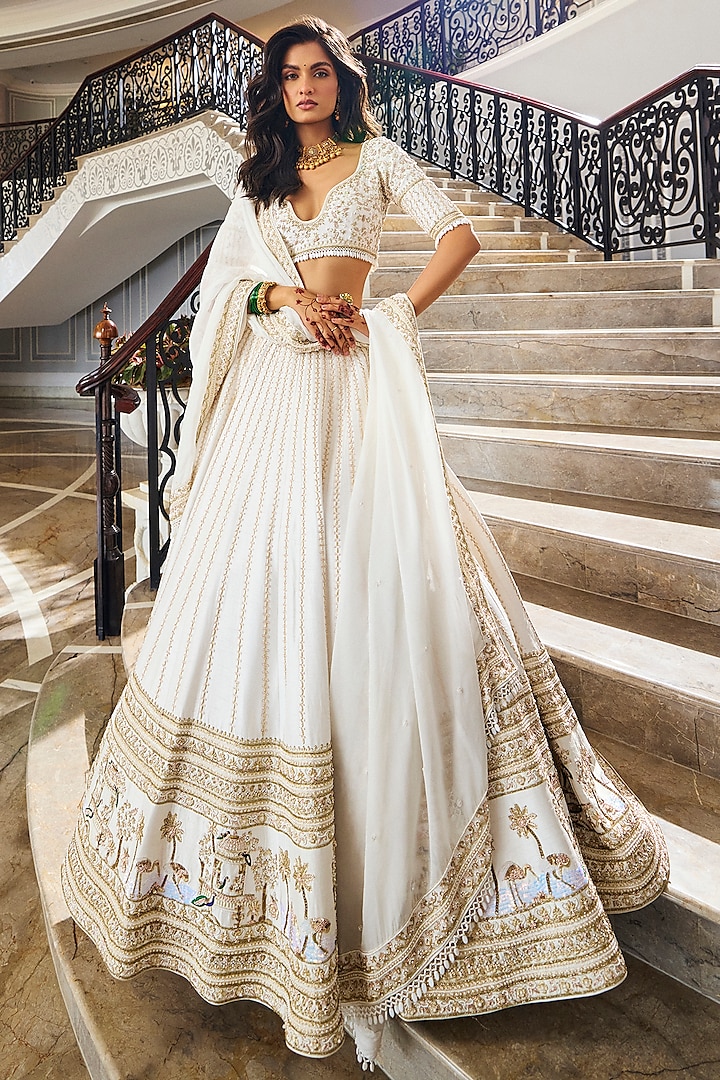 Ivory Dola Silk & Organza Cutdana Embroidered Bridal Lehenga Set by ANNU'S CREATION at Pernia's Pop Up Shop