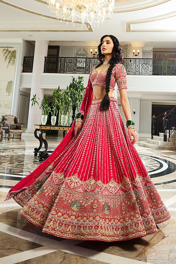 Rani Pink Dola Silk & Organza Floral Jaal Embroidered Bridal Lehenga Set by ANNU'S CREATION at Pernia's Pop Up Shop