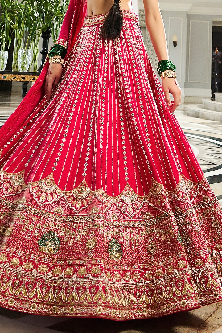 Rani Pink Dola Silk & Organza Floral Jaal Embroidered Bridal Lehenga Set by Annu Patel at Pernia's Pop Up Shop
