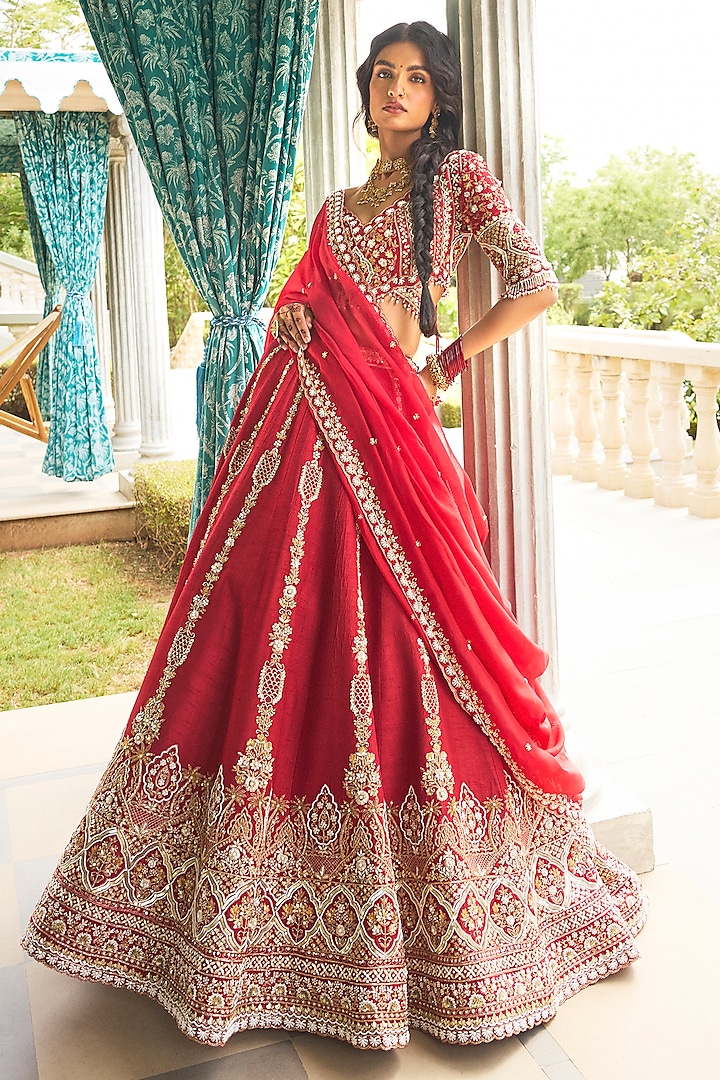 Cherry Red Dola Silk & Organza Cutdana Embroidered Bridal Lehenga Set by ANNU'S CREATION at Pernia's Pop Up Shop