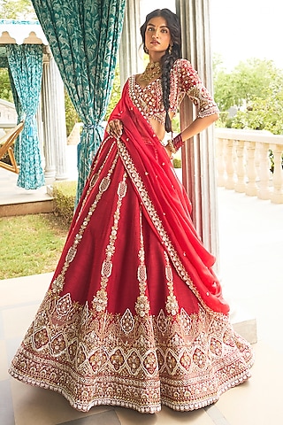 Cherry Red Dola Silk & Organza Cutdana Embroidered Lehenga Set by Annu Patel