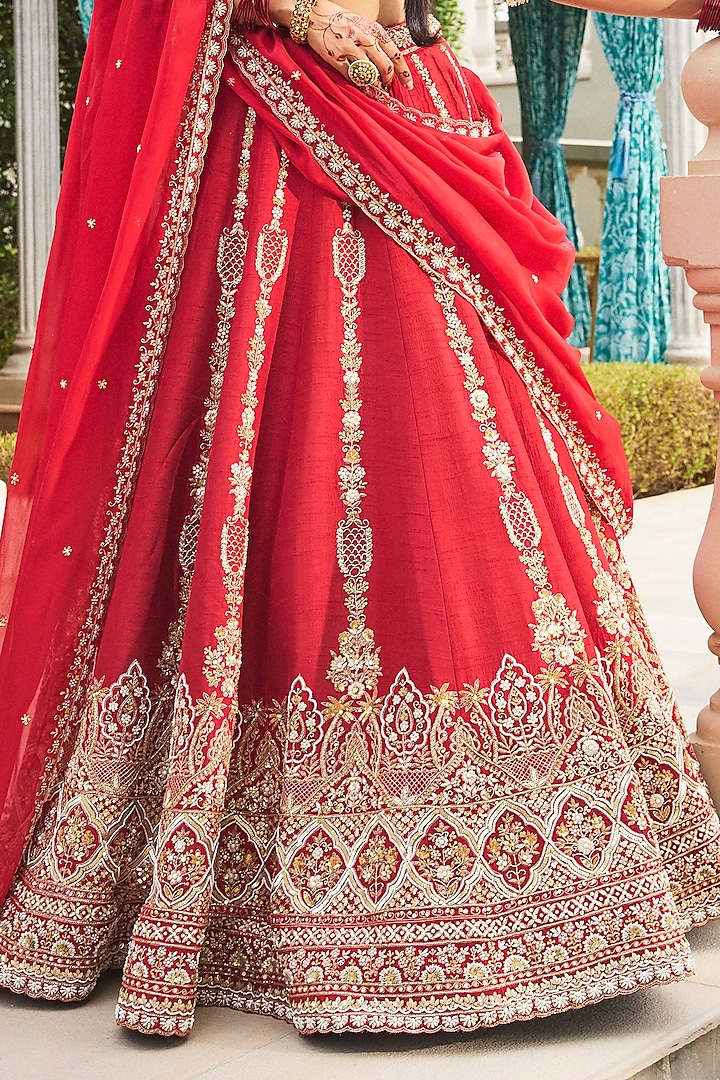 Cherry Red Dola Silk & Organza Cutdana Embroidered Bridal Lehenga Set by Annu Patel at Pernia's Pop Up Shop