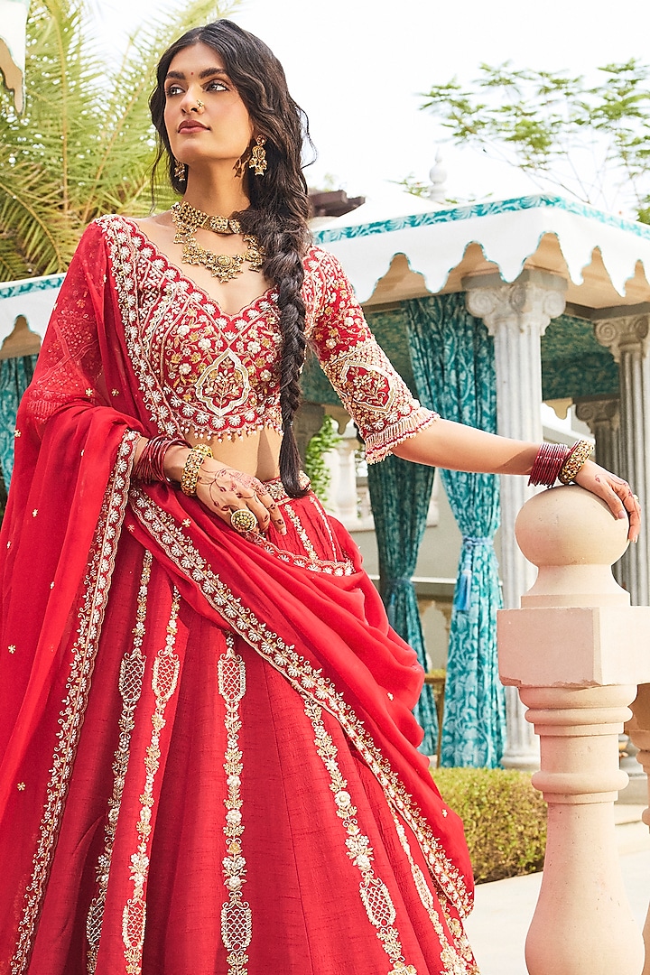 Cherry Red Dola Silk Organza Cutdana Embroidered Bridal Lehenga