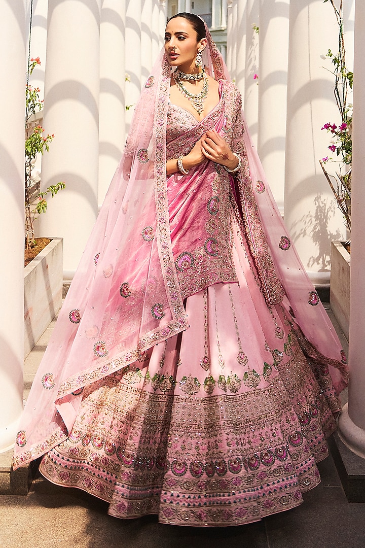 Flamingo Pink Tissue & Organza Resham Work Bridal Lehenga Set by ANNU'S CREATION at Pernia's Pop Up Shop