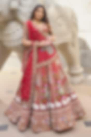 Red Dola Silk & Organza Cutdana Embroidered Bridal Lehenga Set by ANNU'S CREATION at Pernia's Pop Up Shop