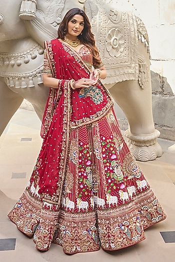 Red Dola Silk & Organza Cutdana Embroidered Bridal Lehenga Set by Annu Patel at Pernia's Pop Up Shop